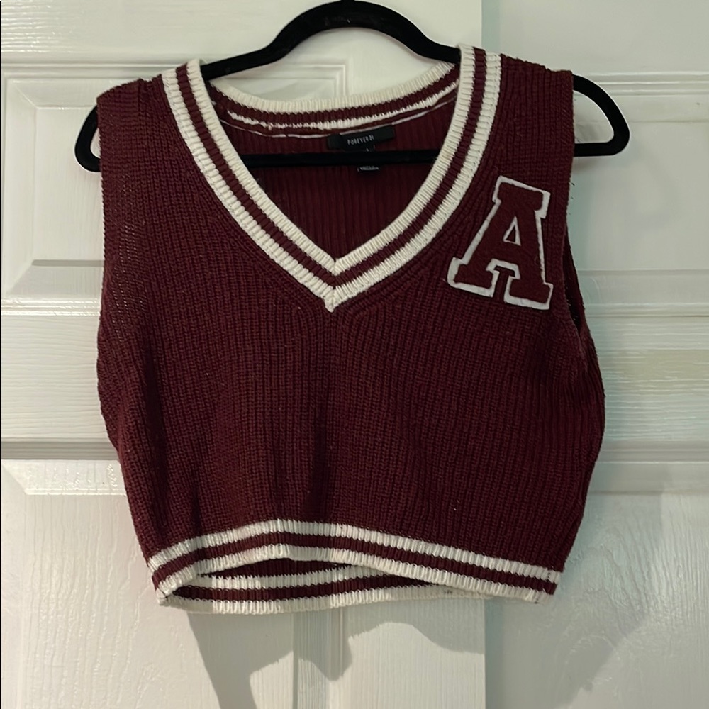 Maroon Knit Cropped Vest with Letter A